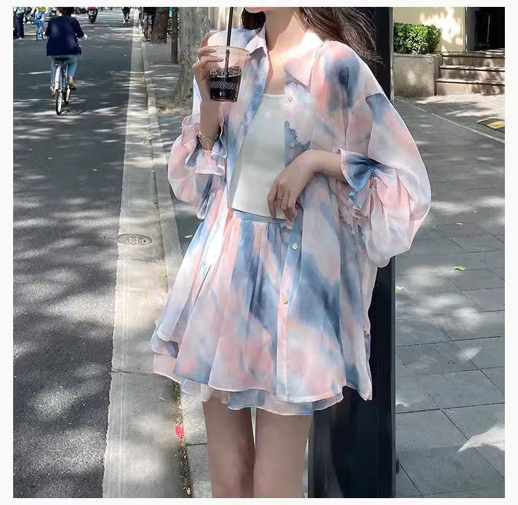 Orchid Moda flowy summer co ord set with pastel tie-dye shirt and matching skirt for casual wear