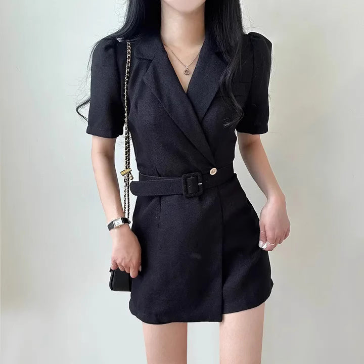 Orchid Moda petite Korean suit dress in black with short sleeves and belted waist