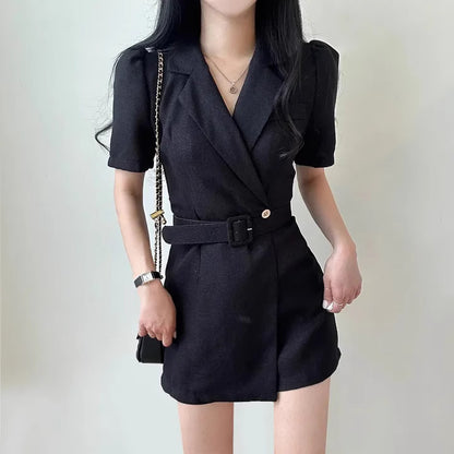 Orchid Moda petite Korean suit dress in black with short sleeves and belted waist