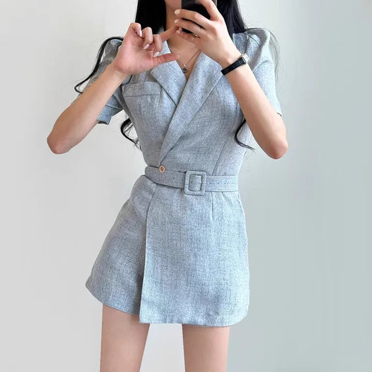 Orchid Moda petite Korean suit dress in light gray with short sleeves and belted waist