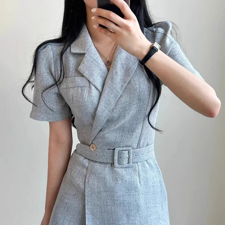 Orchid Moda gray petite Korean suit dress with short sleeves and belted waist