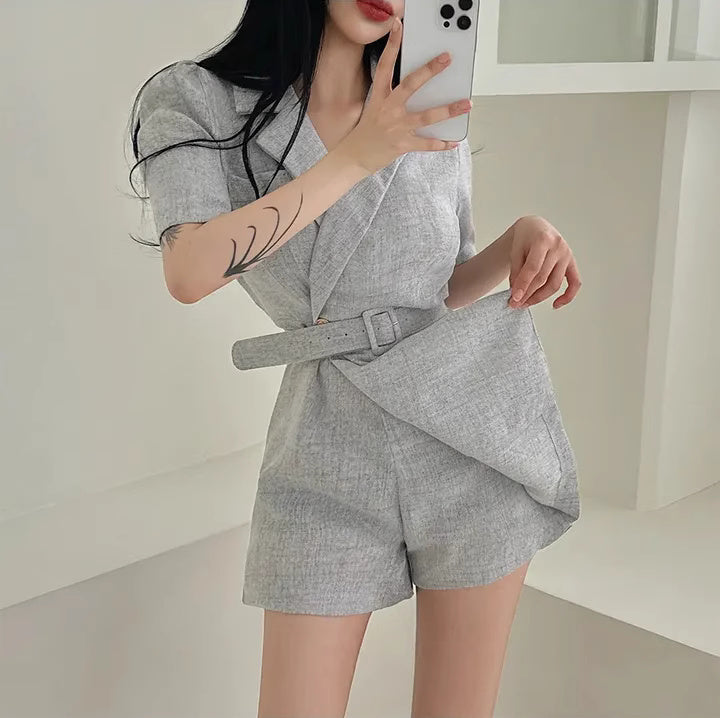 Orchid Moda petite Korean suit dress in light gray with belt and short sleeves