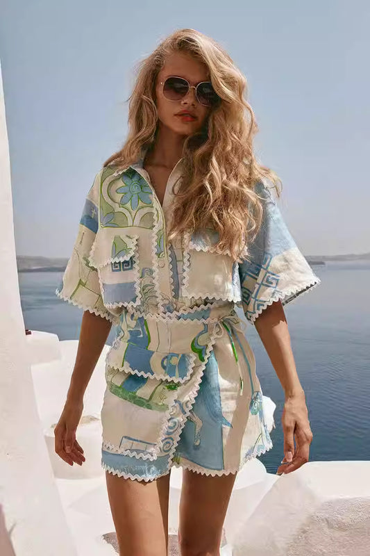 Orchid Moda printed co-ord set for women with blue and green pattern featuring a cropped top and matching skirt