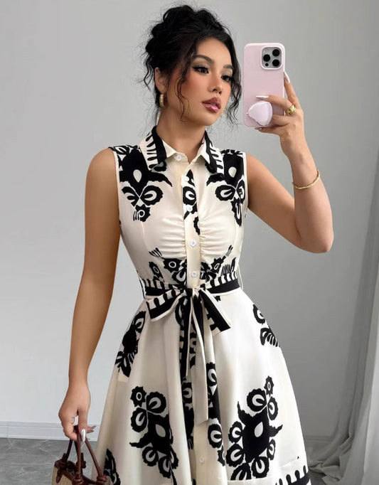 Orchid Moda Soho Stroll shirt dress sleeveless black and white patterned button-up with waist tie