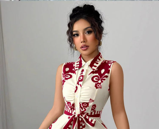 Orchid Moda Soho Stroll shirt dress sleeveless button-up dress with red and white pattern and waist tie