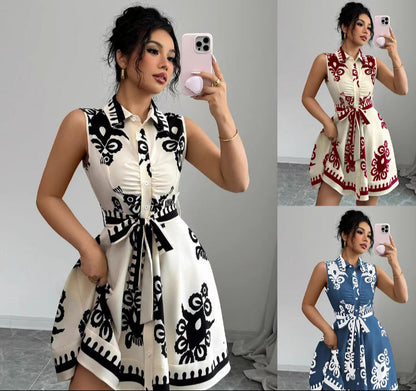 Orchid Moda Soho Stroll shirt dress in black, red, and blue with sleeveless fit and tie waist belt