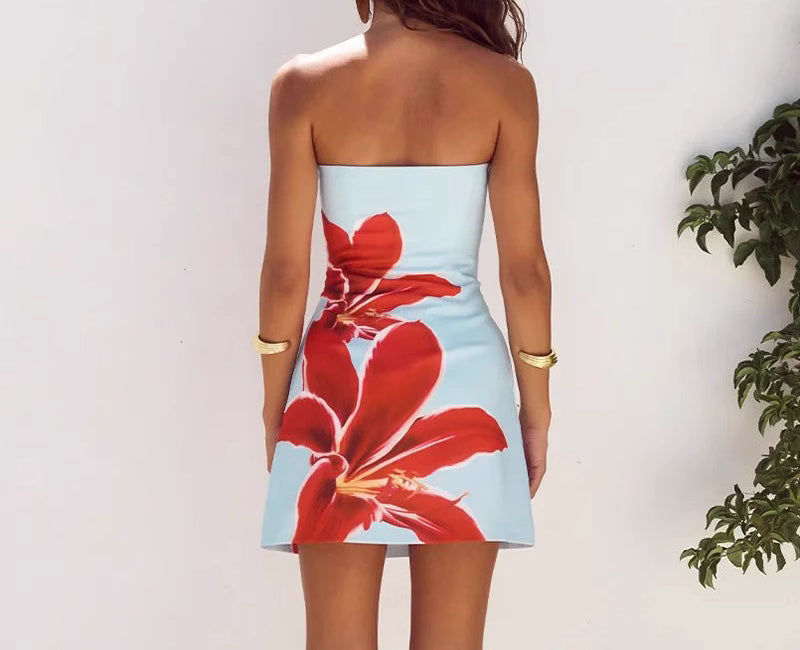 Back view of a woman wearing a trendy floral dress with large red flowers on light blue fabric