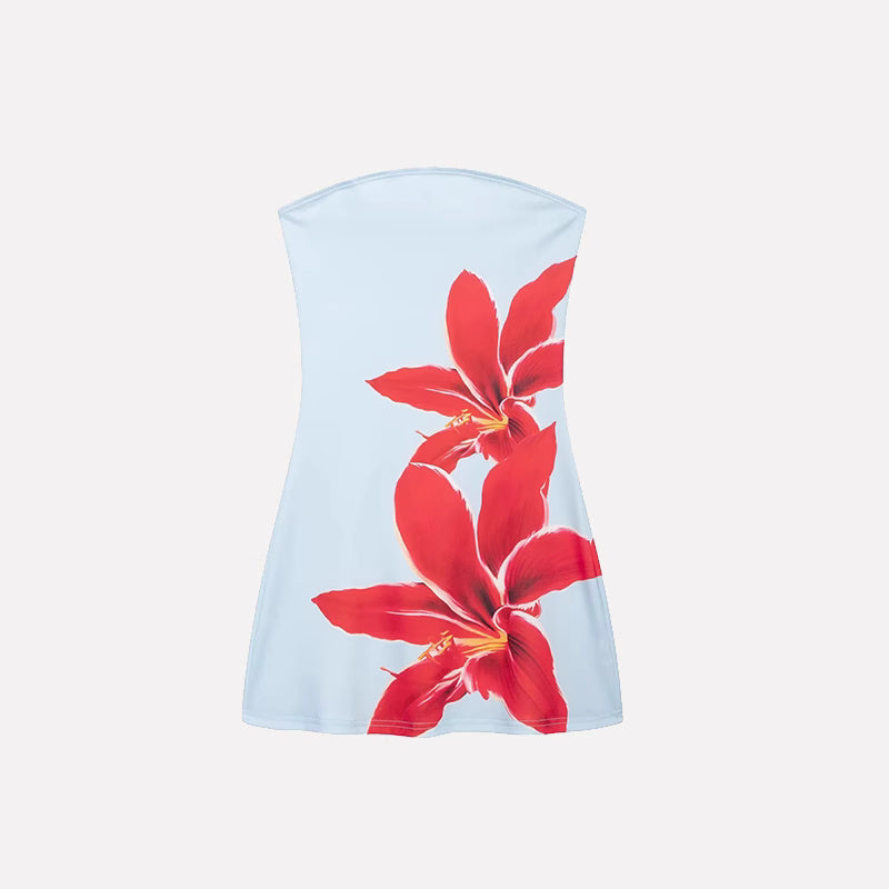 Orchid Moda strapless blue trendy floral dress with large red flower prints