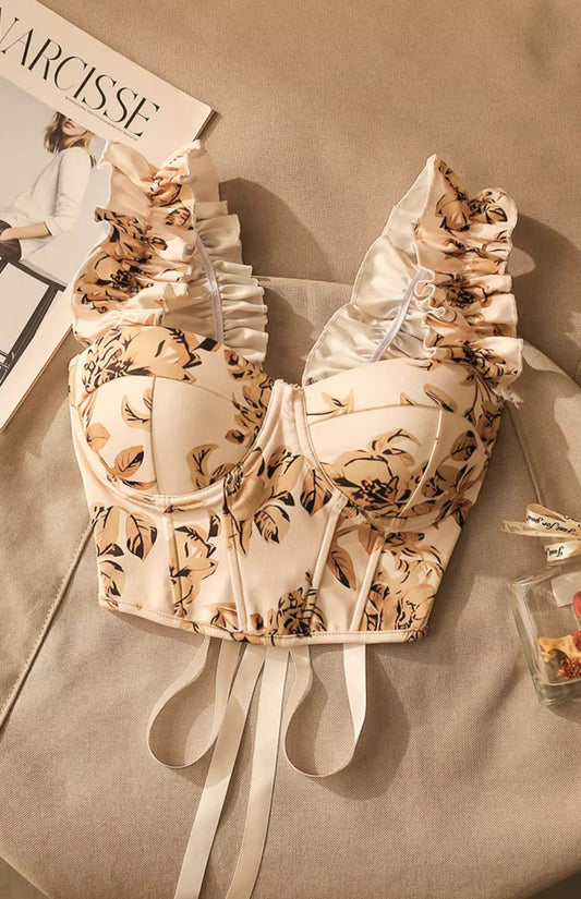 Orchid Moda floral print trendy ruffle cami top with ruched shoulder straps and corset-style design