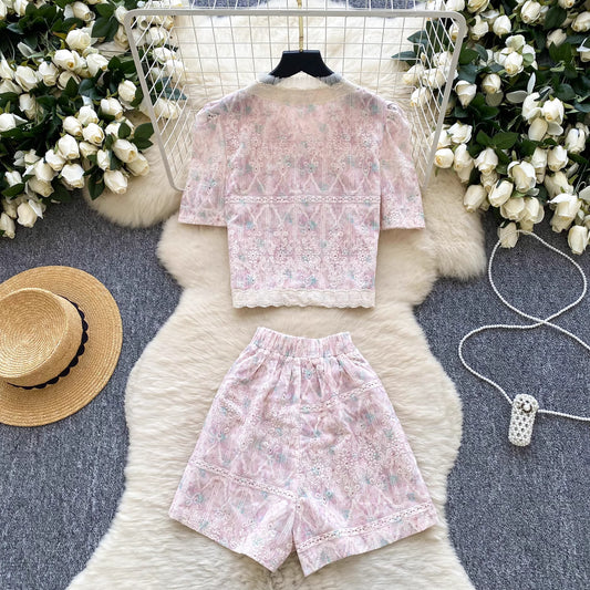 Orchid Moda vintage rosette shorts set in soft pink floral lace with top and high-waist shorts
