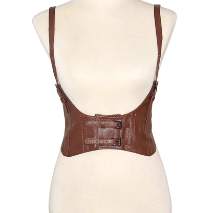Brown leather waist clincher for women with adjustable straps and buckle closures by Orchid Moda