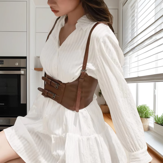 Woman wearing a brown waist clincher for women over a white dress in a bright modern kitchen