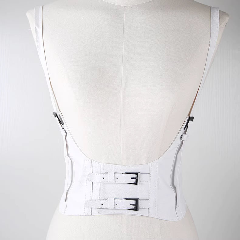 White waist clincher for women with adjustable straps and buckle closures on a mannequin