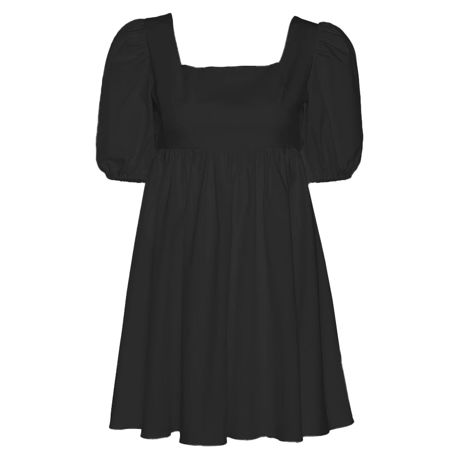Black dress with puff sleeves and square neckline by Orchid Moda featuring a white backless dress design