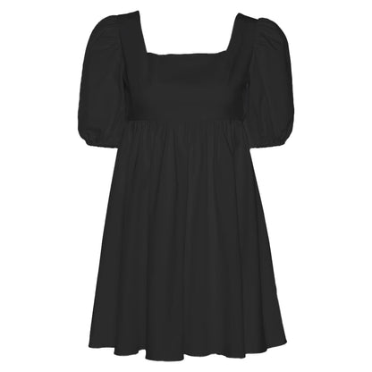 Black dress with puff sleeves and square neckline by Orchid Moda featuring a white backless dress design