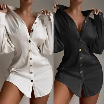 Orchid Moda white button down mini dress with long sleeves and gold buttons shown with black version