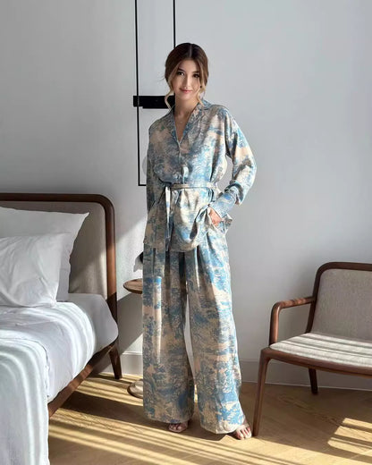 Orchid Moda stylish women's co ord set with long sleeves and wide-leg pants in blue and beige pattern