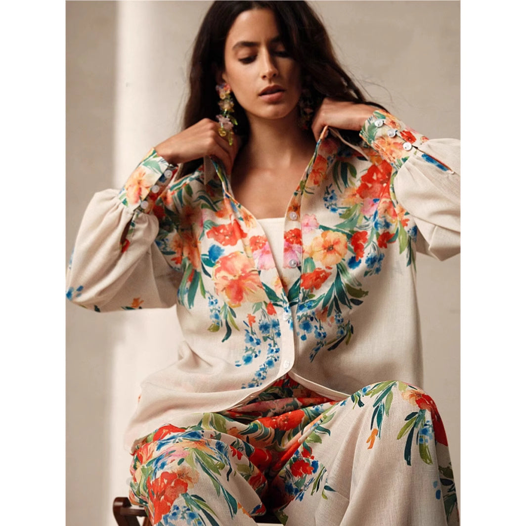 Orchid Moda womens floral co ord set with colorful flower print blouse and matching pants
