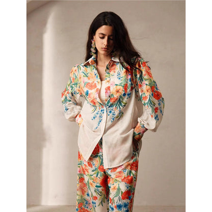 Orchid Moda womens floral co ord set featuring a colorful floral print shirt and matching pants