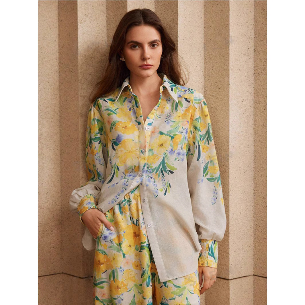 Orchid Moda womens floral co ord set with yellow and green flower print blouse and matching pants