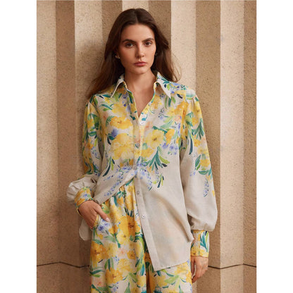 Orchid Moda womens floral co ord set with yellow and green flower print blouse and matching pants