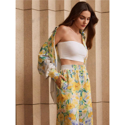 Womens floral co ord set with yellow and green floral print pants and matching shirt by Orchid Moda