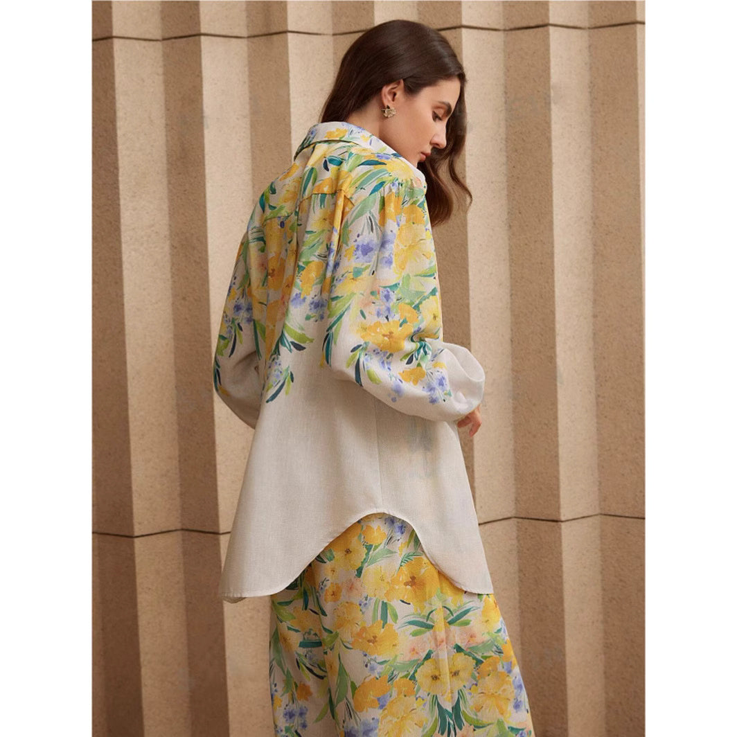 Orchid Moda womens floral co ord set with yellow and purple flower print blouse and matching wide leg pants