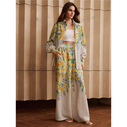 Orchid Moda womens floral co ord set with yellow and green flower print wide-leg pants and matching jacket