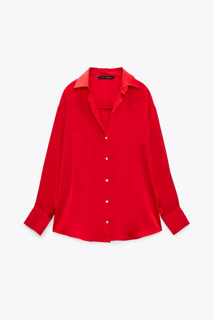 Orchid Moda women's satin shirt in bright red with long sleeves and button-down front
